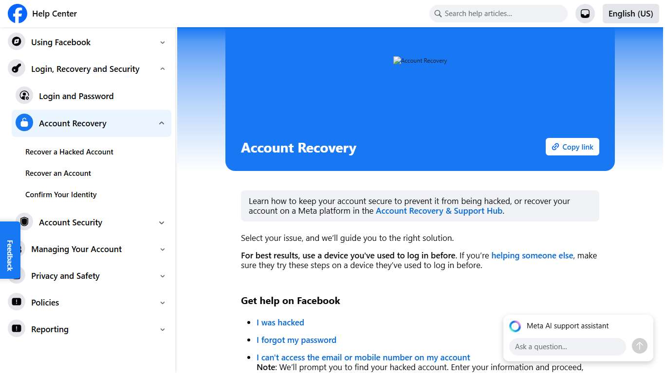 Account Recovery Facebook Help Center