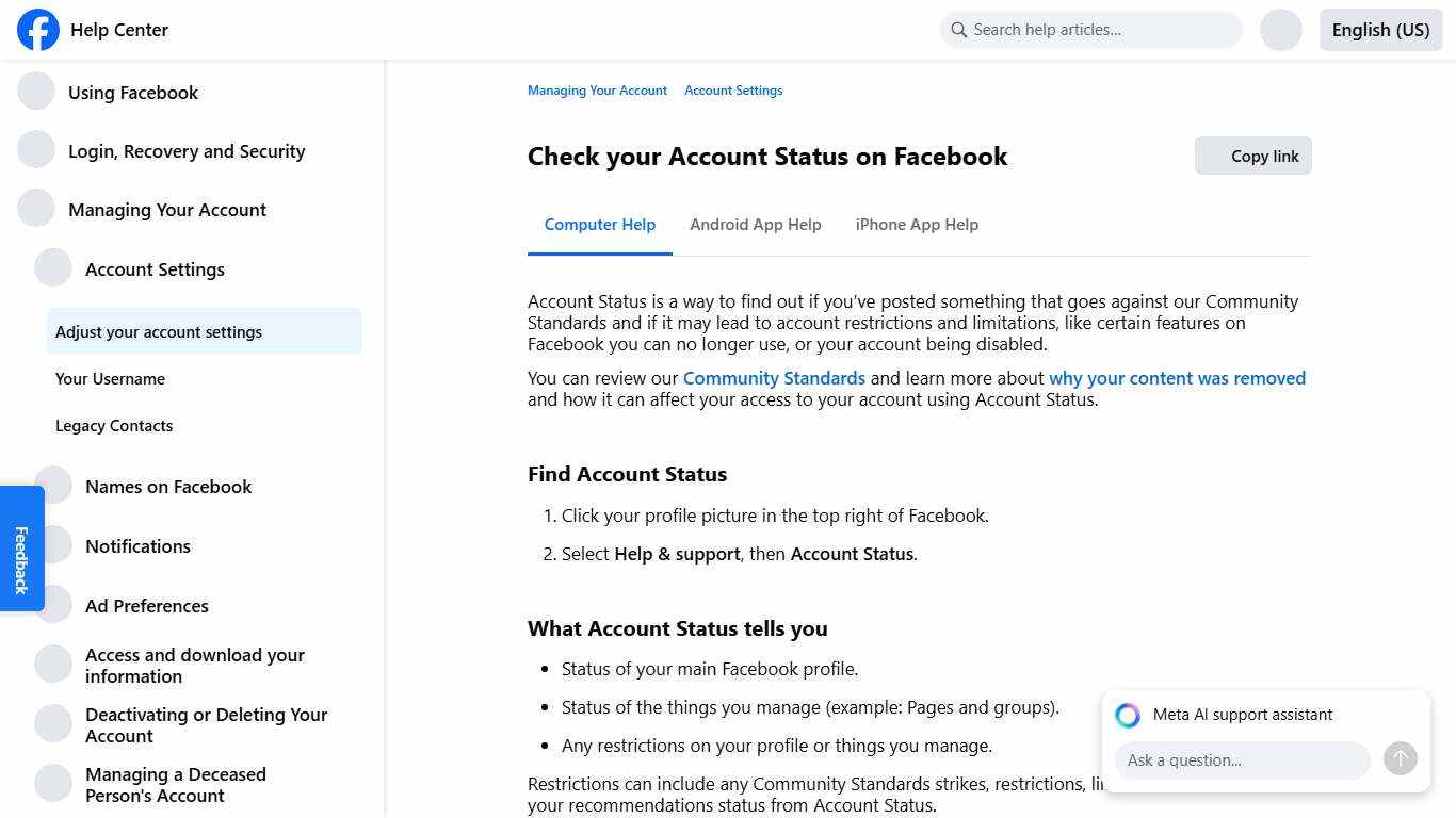 Check your Account Status on Facebook Facebook Help Center