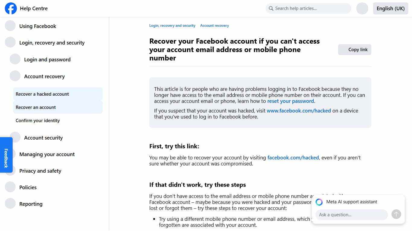 Recover your Facebook account if you can't access your account email address or mobile phone number Facebook Help Centre